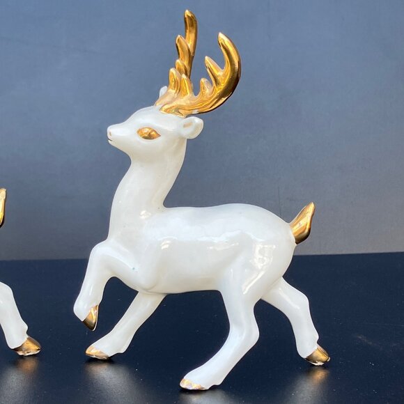 White Porcelain Reindeer With Gold Horns - Set of 3** - Picture 8 of 16